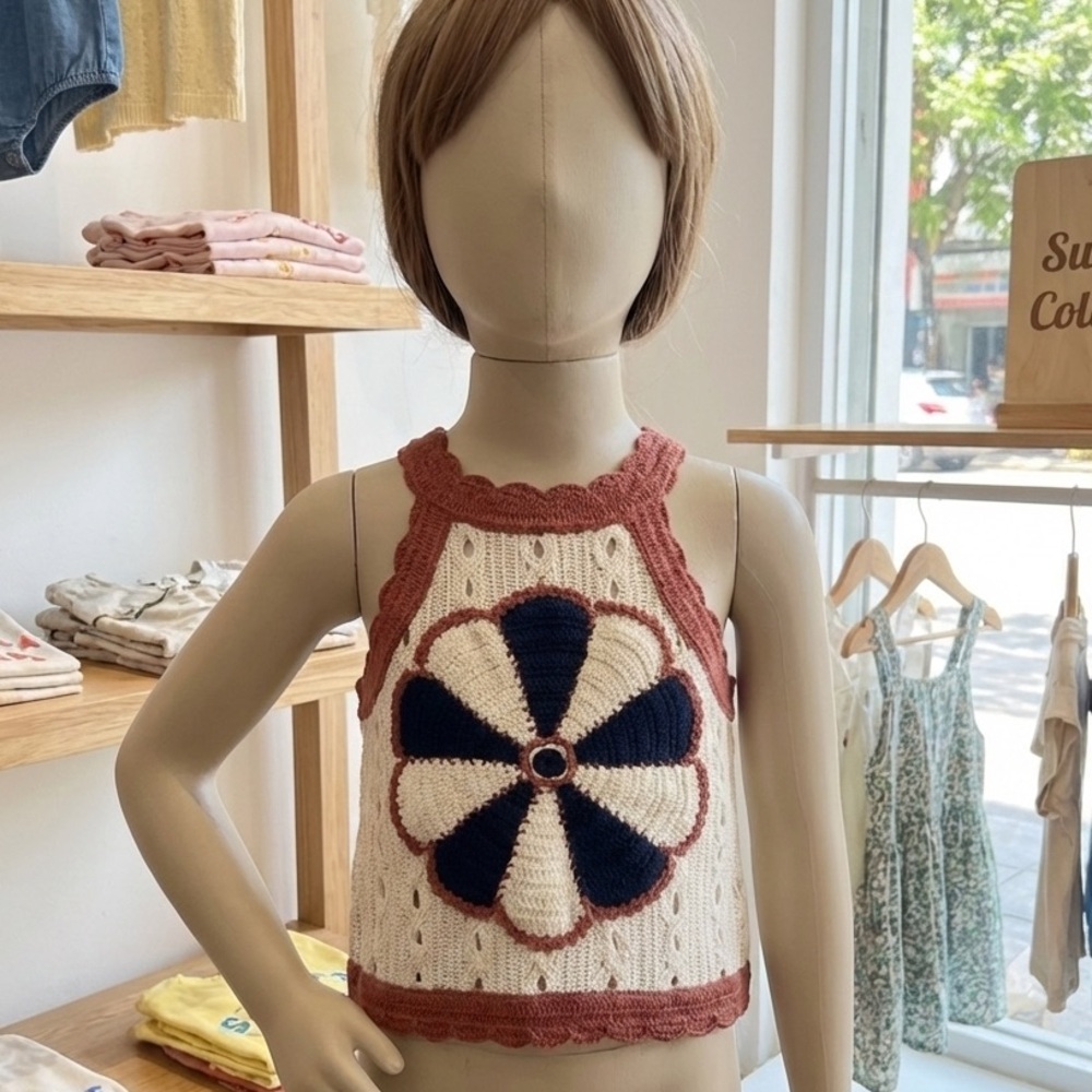 Zara Kids Crochet Knit Halter Tank 11–12Y 152 Flower Cream/Navy 100% Cotton